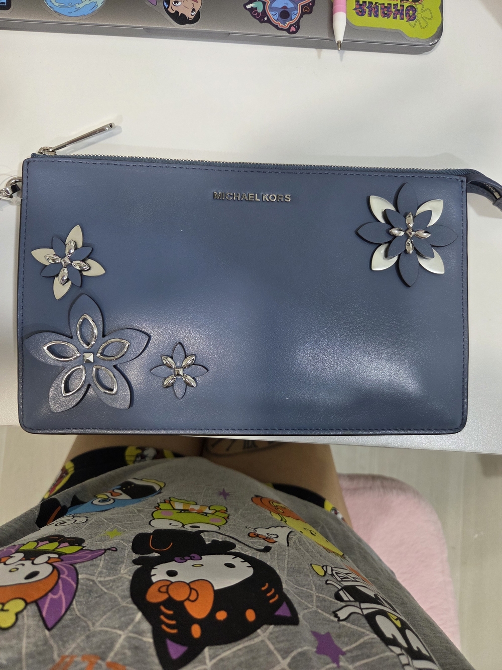 Michael Kors Navy Blue Floral Appliqué Leather Wristlet Clutch